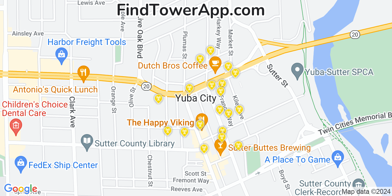 AT&T 4G/5G cell tower coverage map Yuba City, California
