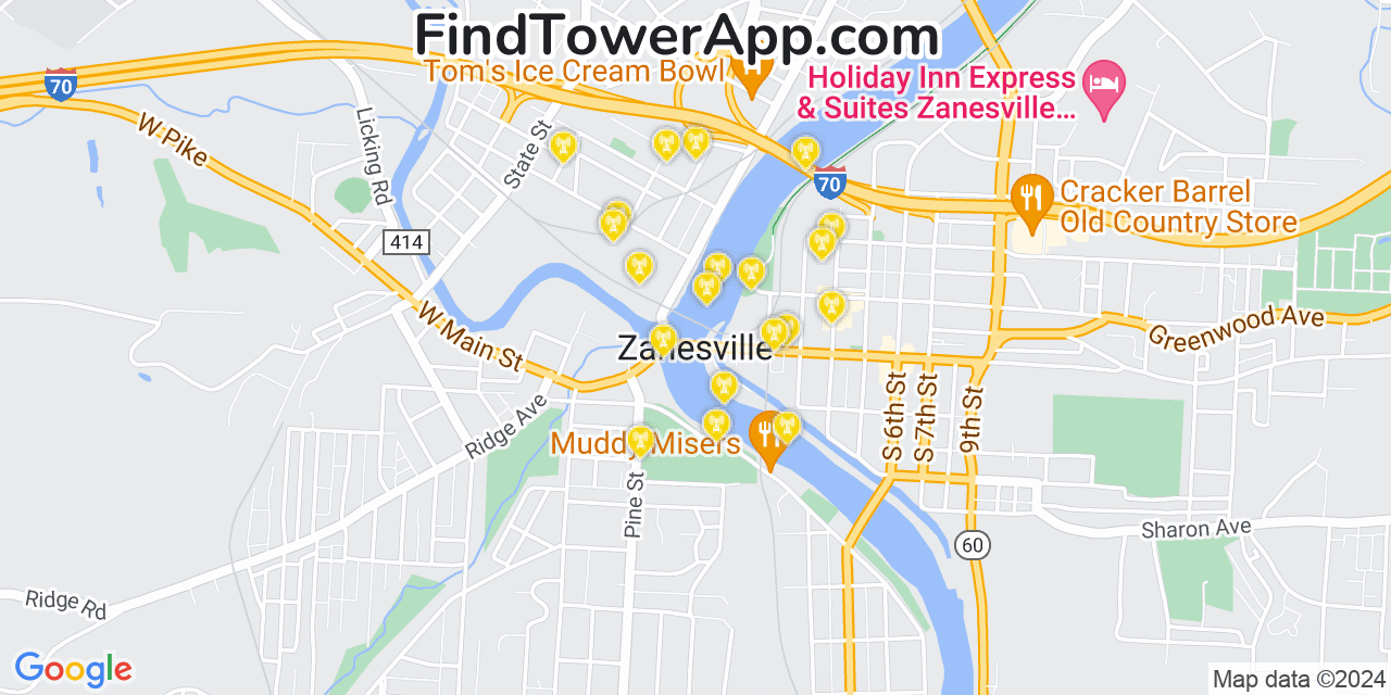 AT&T 4G/5G cell tower coverage map Zanesville, Ohio