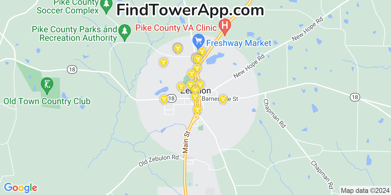 AT&T 4G/5G cell tower coverage map Zebulon, Georgia