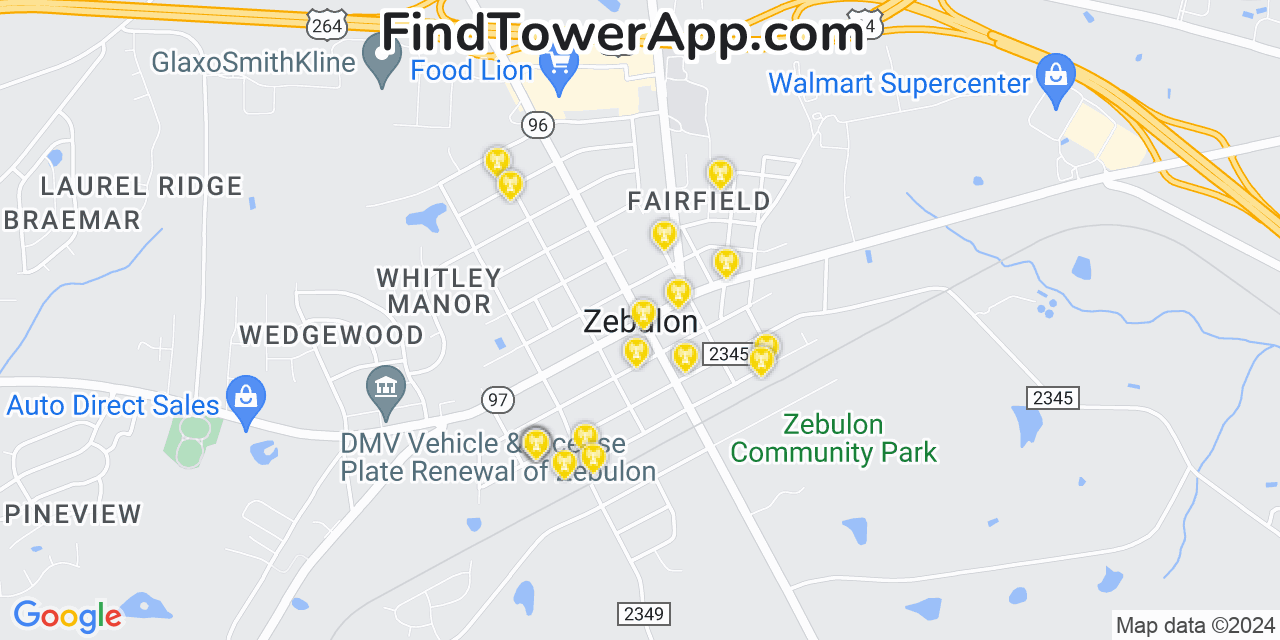 AT&T 4G/5G cell tower coverage map Zebulon, North Carolina