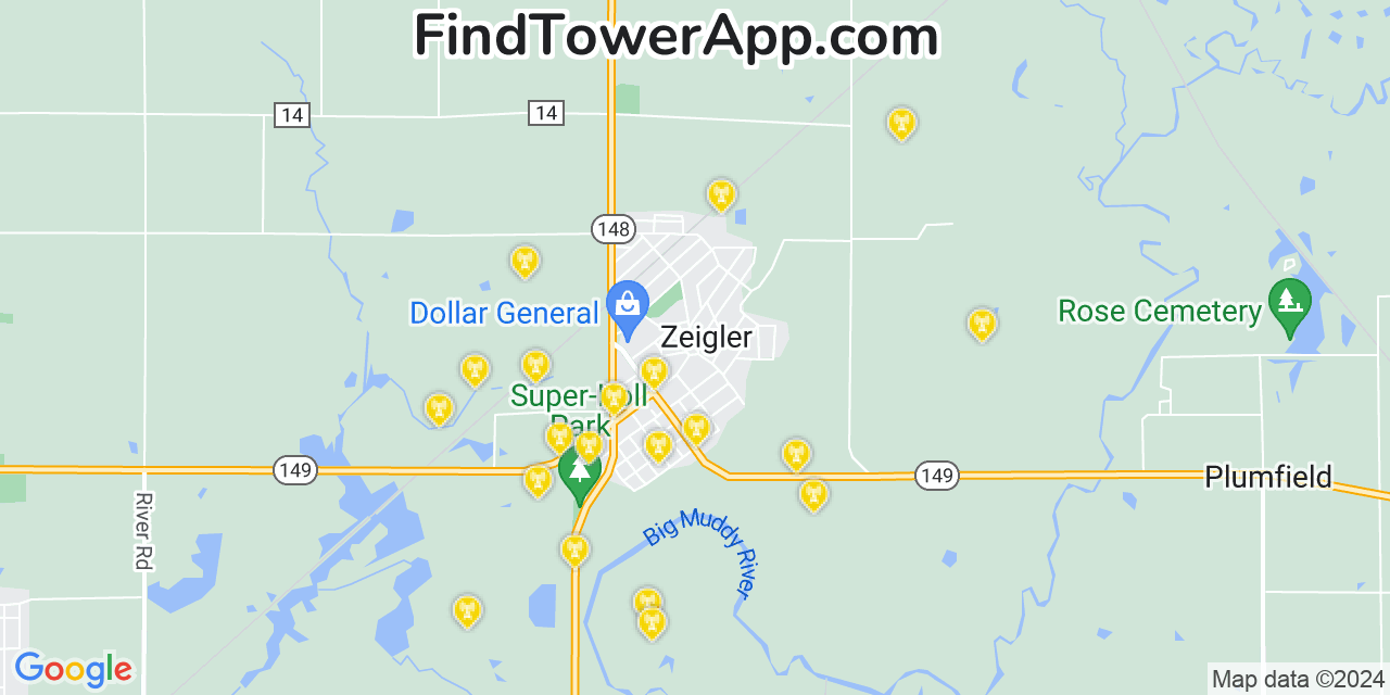 AT&T 4G/5G cell tower coverage map Zeigler, Illinois