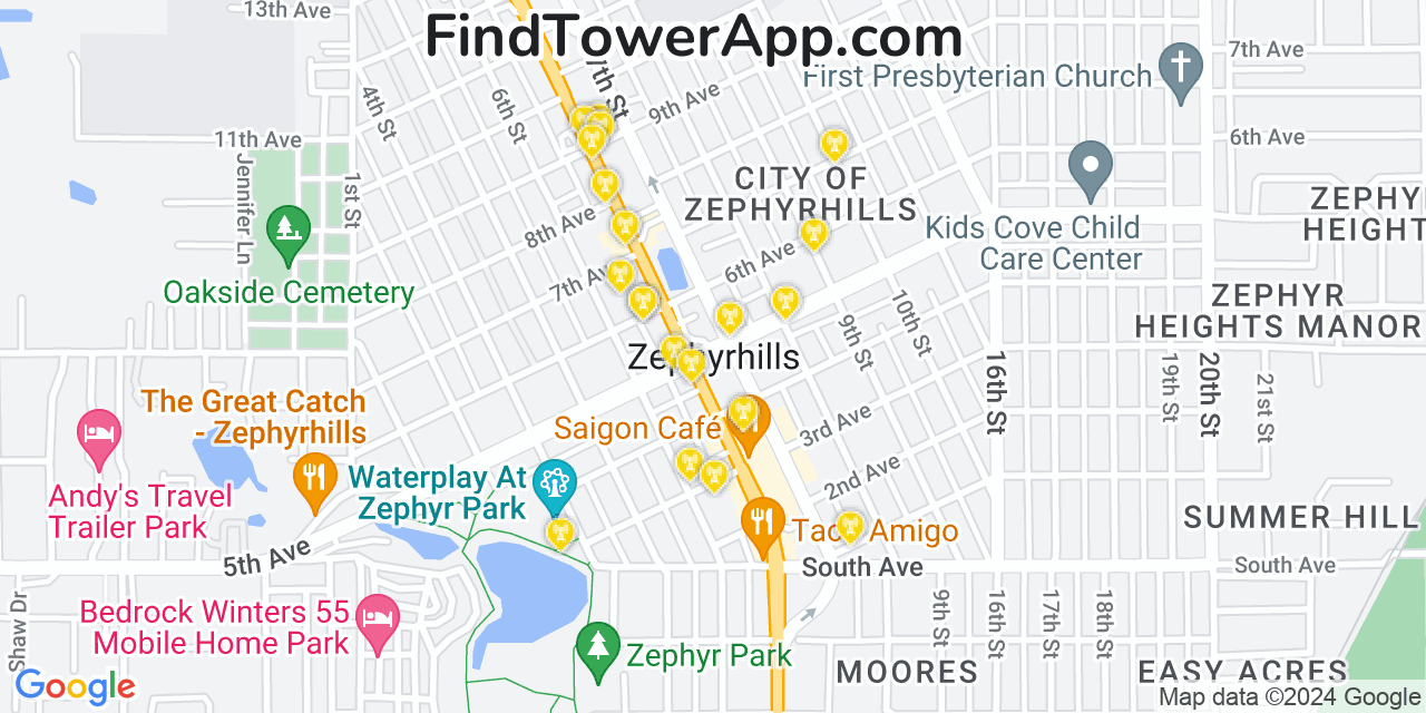 AT&T 4G/5G cell tower coverage map Zephyrhills, Florida
