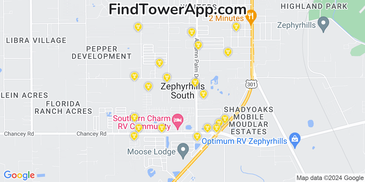 AT&T 4G/5G cell tower coverage map Zephyrhills South, Florida
