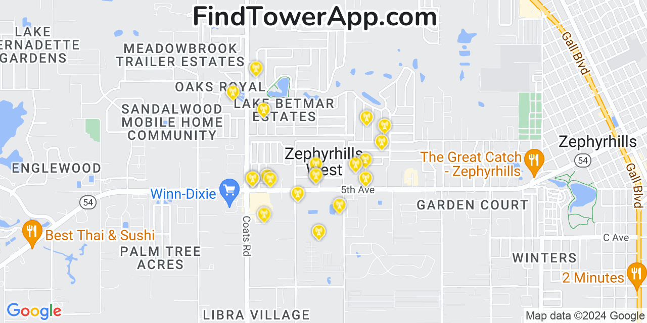 AT&T 4G/5G cell tower coverage map Zephyrhills West, Florida