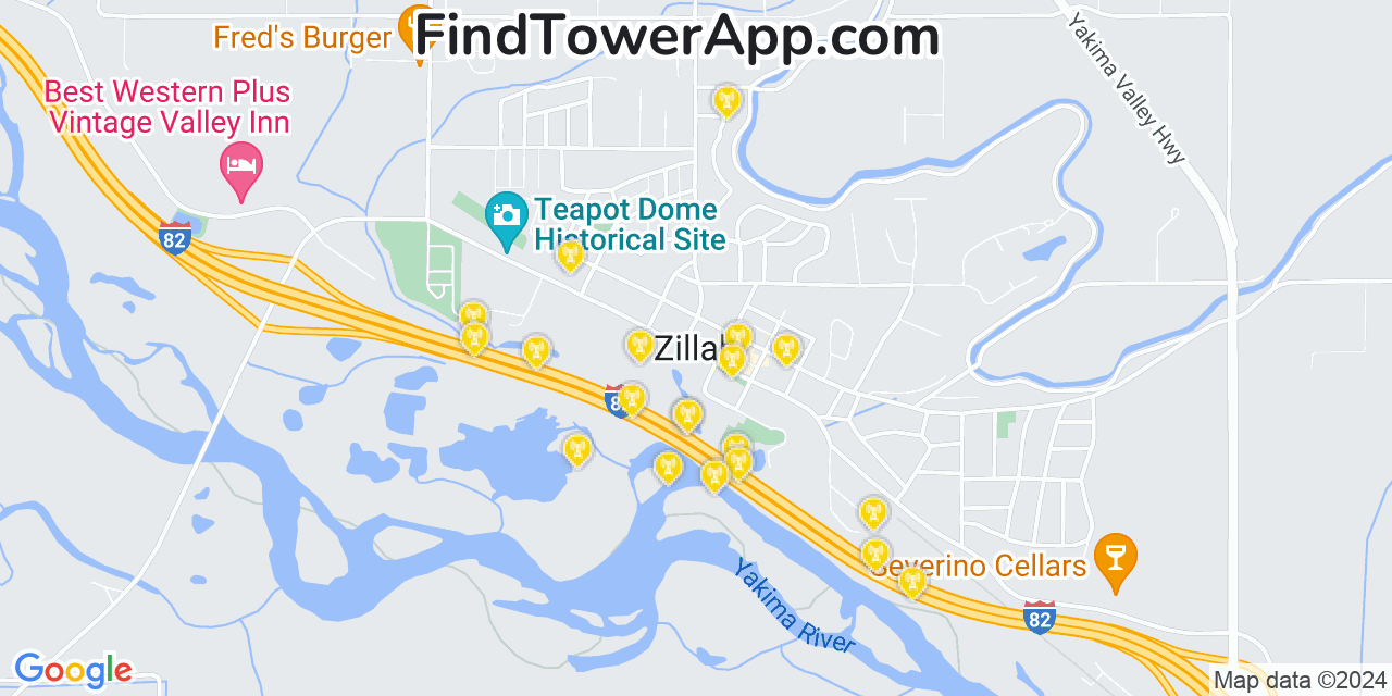 AT&T 4G/5G cell tower coverage map Zillah, Washington
