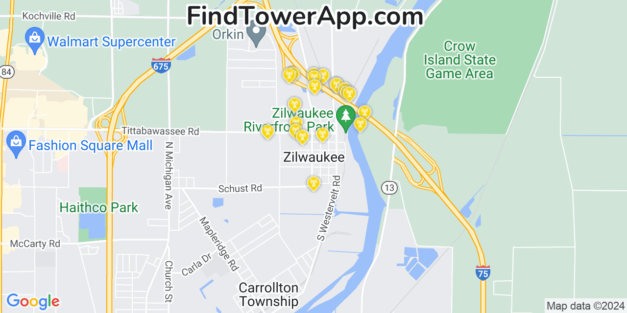 AT&T 4G/5G cell tower coverage map Zilwaukee, Michigan