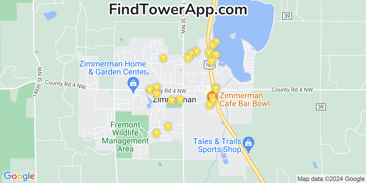 AT&T 4G/5G cell tower coverage map Zimmerman, Minnesota