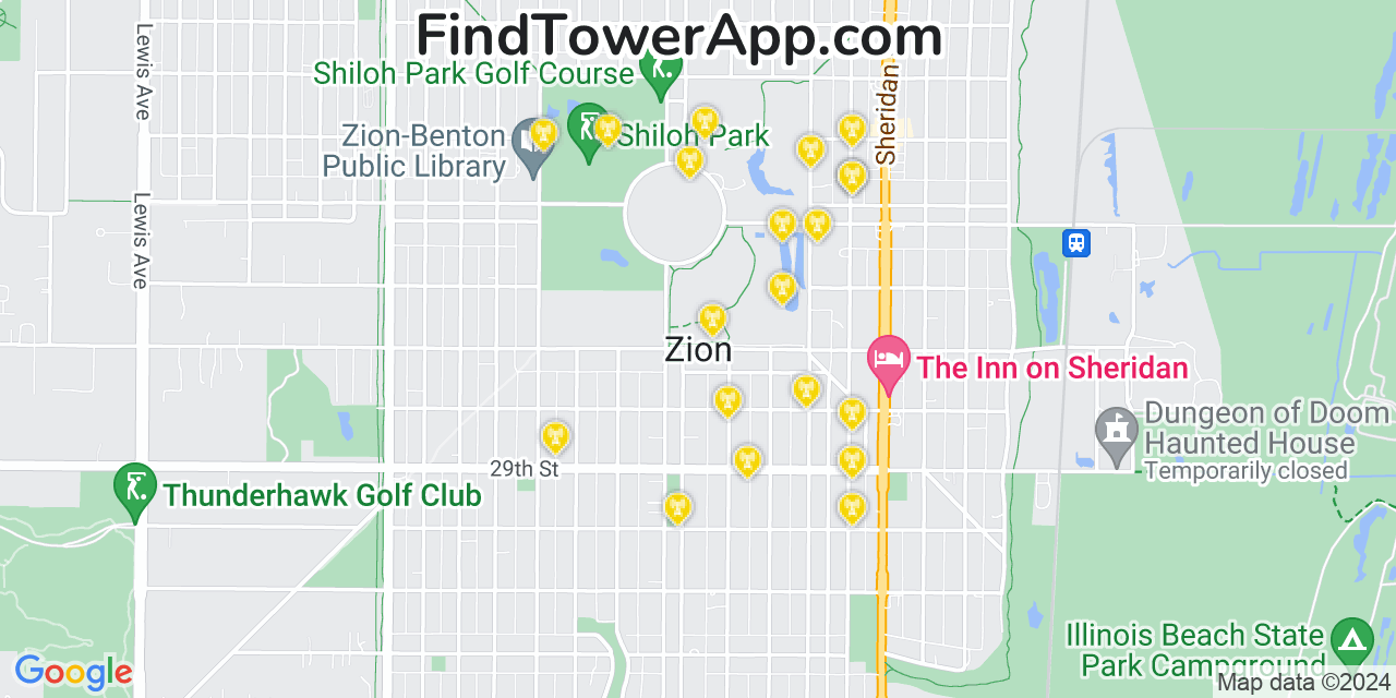 AT&T 4G/5G cell tower coverage map Zion, Illinois