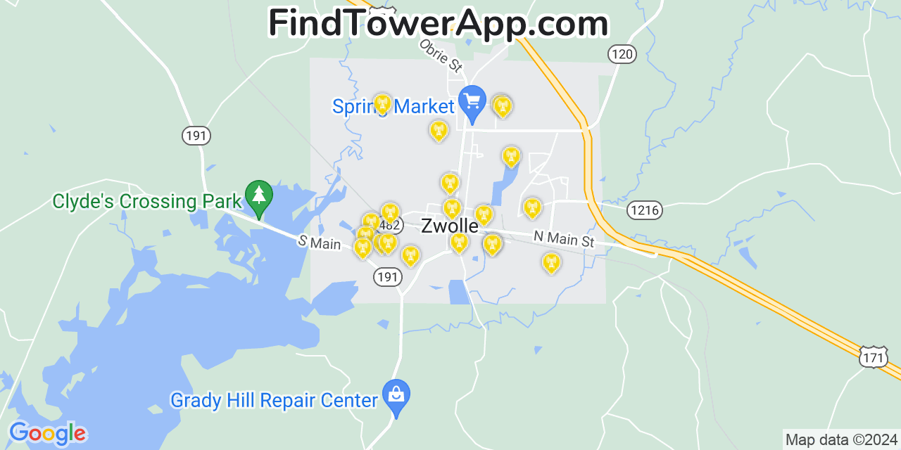 AT&T 4G/5G cell tower coverage map Zwolle, Louisiana