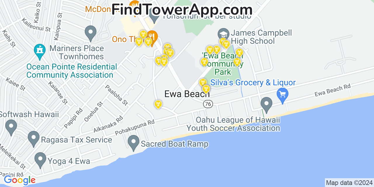 AT&T 4G/5G cell tower coverage map ‘Ewa Beach, Hawaii