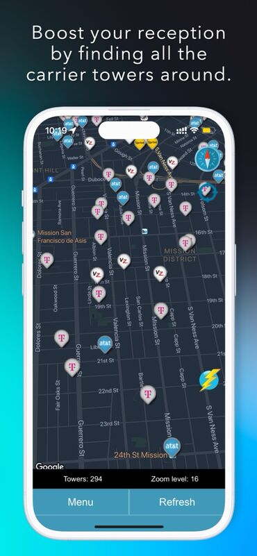 FindTower app showing tower map view
