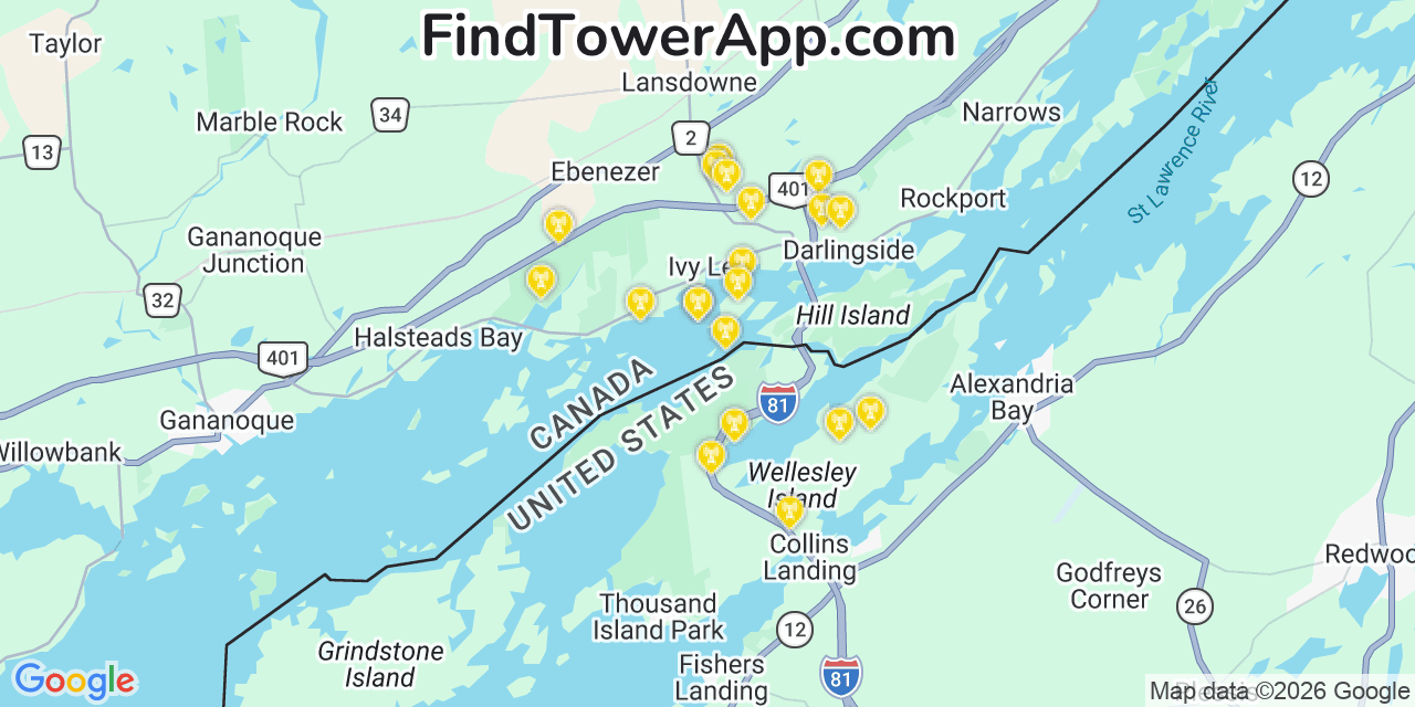 Map showing the 20 primary cell tower locations detected in 1 