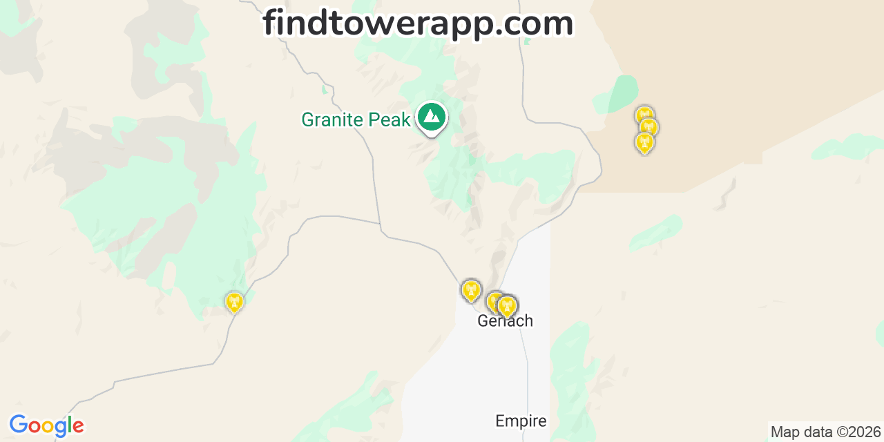 Map showing the 23 primary AT&T cell tower locations detected in 89412, Nevada with coverage radius and signal strength indicators