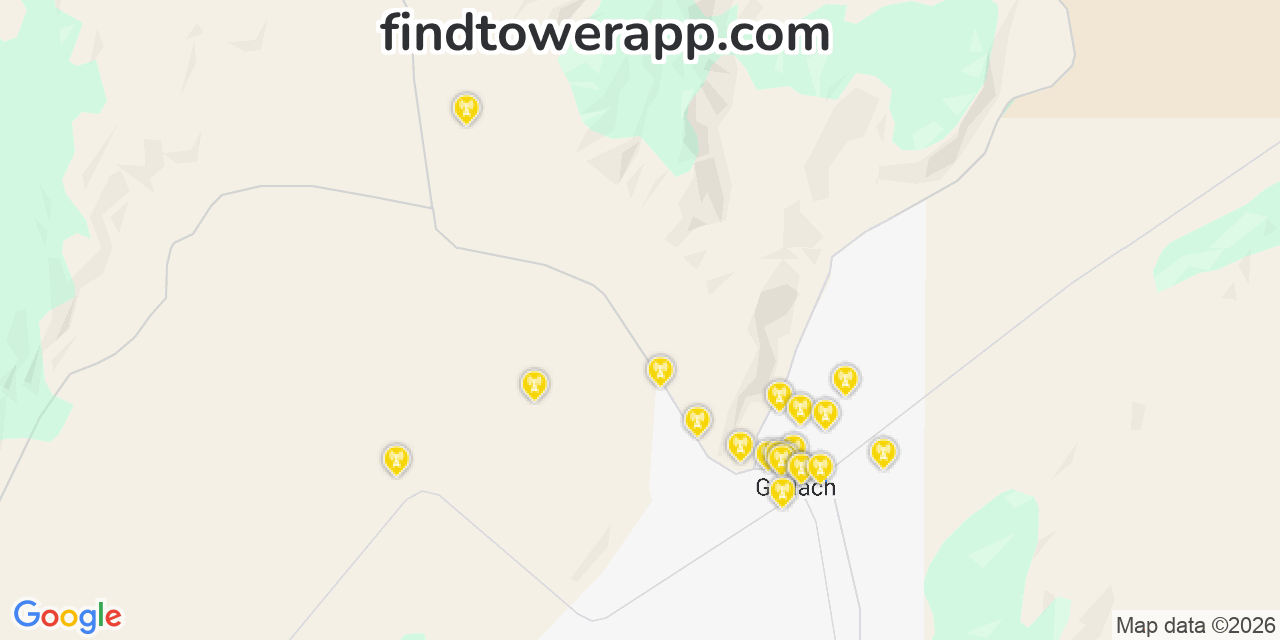 Map showing the 20 primary cell tower locations detected in 89412, Nevada from AT&T, Verizon, and T-Mobile networks