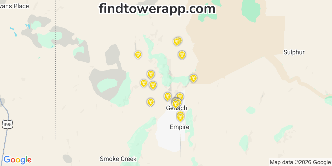 Map showing the 30 primary T-Mobile cell tower locations detected in 89412, Nevada with coverage radius and signal strength indicators