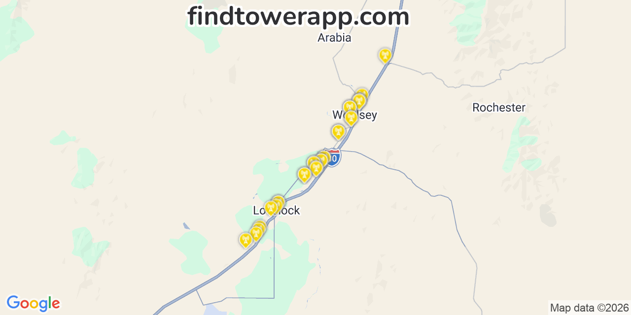 Map showing the 29 primary AT&T cell tower locations detected in 89419, Nevada with coverage radius and signal strength indicators