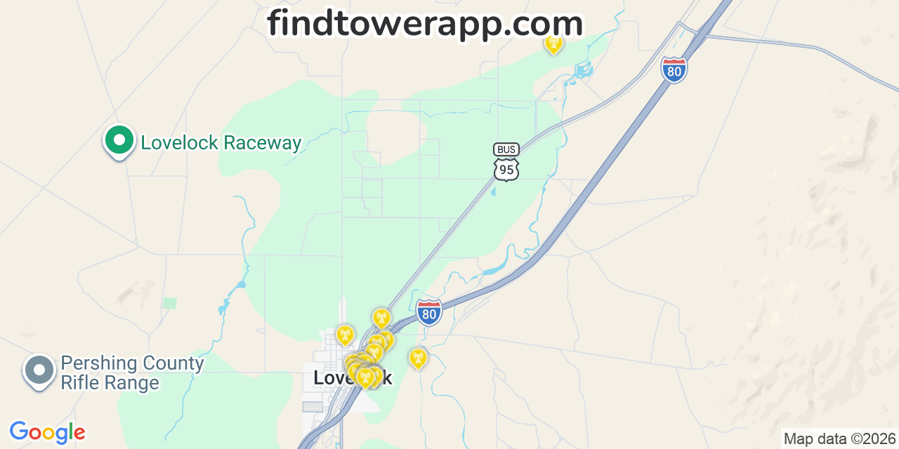 Map showing the 20 primary cell tower locations detected in 89419, Nevada from AT&T, Verizon, and T-Mobile networks