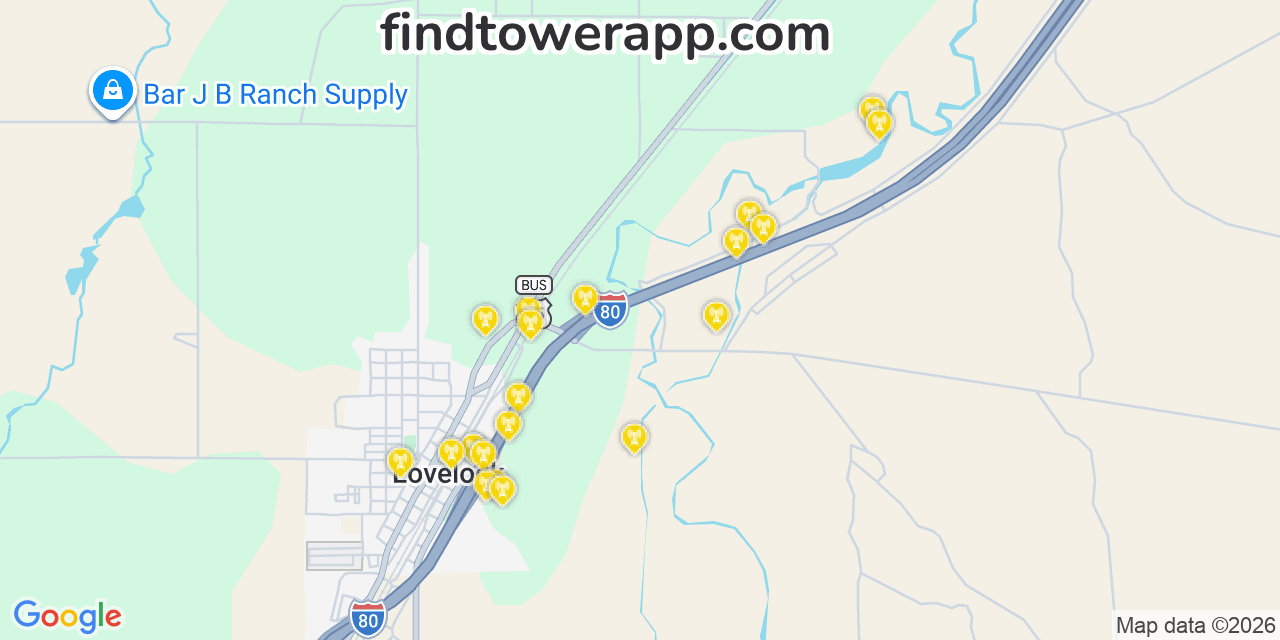 Map showing the 20 primary T-Mobile cell tower locations detected in 89419, Nevada with coverage radius and signal strength indicators