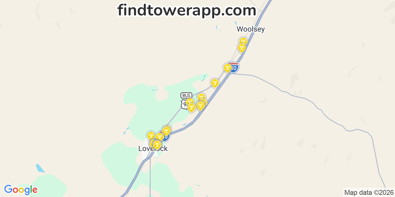 Map showing the 20 primary Verizon cell tower locations detected in 89419, Nevada with coverage radius and signal strength indicators