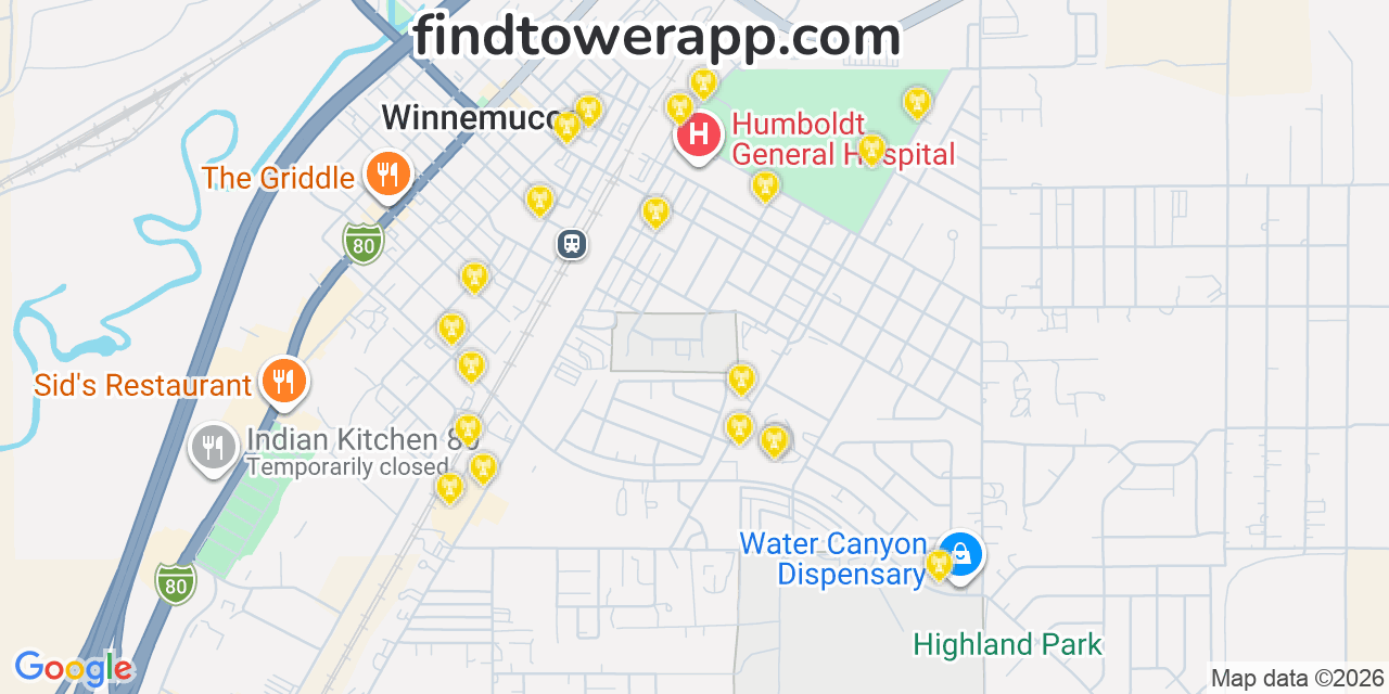 Map showing the 20 primary cell tower locations detected in 89445, Nevada from AT&T, Verizon, and T-Mobile networks