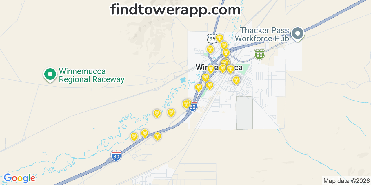 Map showing the 25 primary T-Mobile cell tower locations detected in 89445, Nevada with coverage radius and signal strength indicators