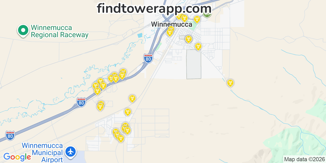 Map showing the 29 primary Verizon cell tower locations detected in 89445, Nevada with coverage radius and signal strength indicators