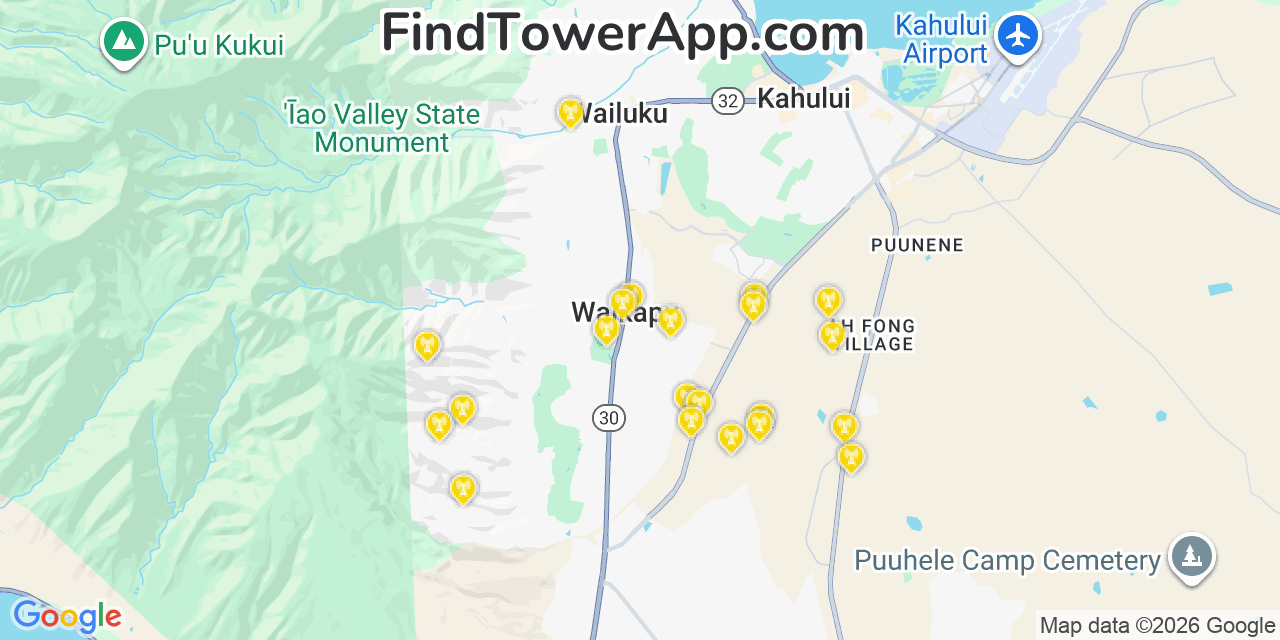Map showing the 21 primary AT&T cell tower locations detected in Â€˜Ä€Huimanu, Hawaii with coverage radius and signal strength indicators