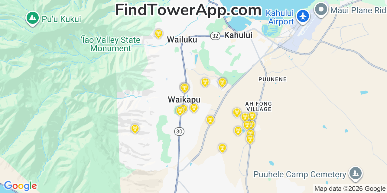 Map showing the 21 primary Verizon cell tower locations detected in Â€˜Ä€Huimanu, Hawaii with coverage radius and signal strength indicators