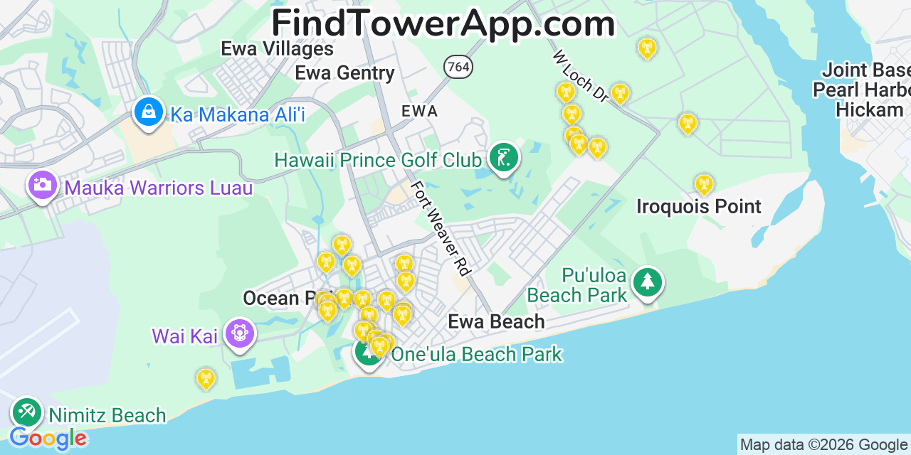 Map showing the 29 primary AT&T cell tower locations detected in Â€˜Ewa Beach, Hawaii with coverage radius and signal strength indicators