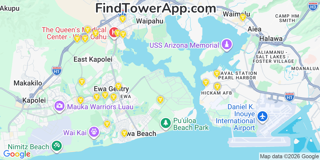 Map showing the 21 primary T-Mobile cell tower locations detected in Â€˜Ewa Beach, Hawaii with coverage radius and signal strength indicators