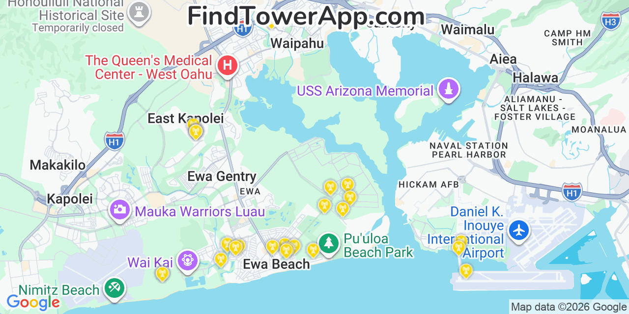 Map showing the 25 primary Verizon cell tower locations detected in Â€˜Ewa Beach, Hawaii with coverage radius and signal strength indicators