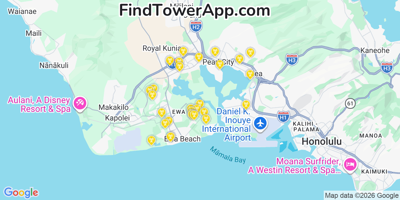 Map showing the 29 primary AT&T cell tower locations detected in Â€˜Ewa Beach, Hawaii with coverage radius and signal strength indicators