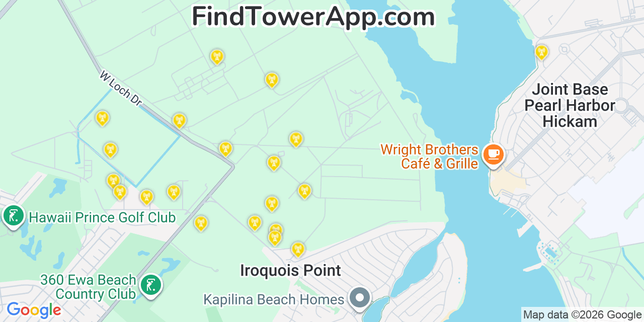 Map showing the 20 primary cell tower locations detected in Â€˜Ewa Beach, Hawaii from AT&T, Verizon, and T-Mobile networks