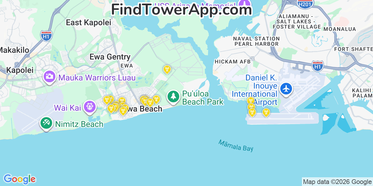 Map showing the 21 primary T-Mobile cell tower locations detected in Â€˜Ewa Beach, Hawaii with coverage radius and signal strength indicators