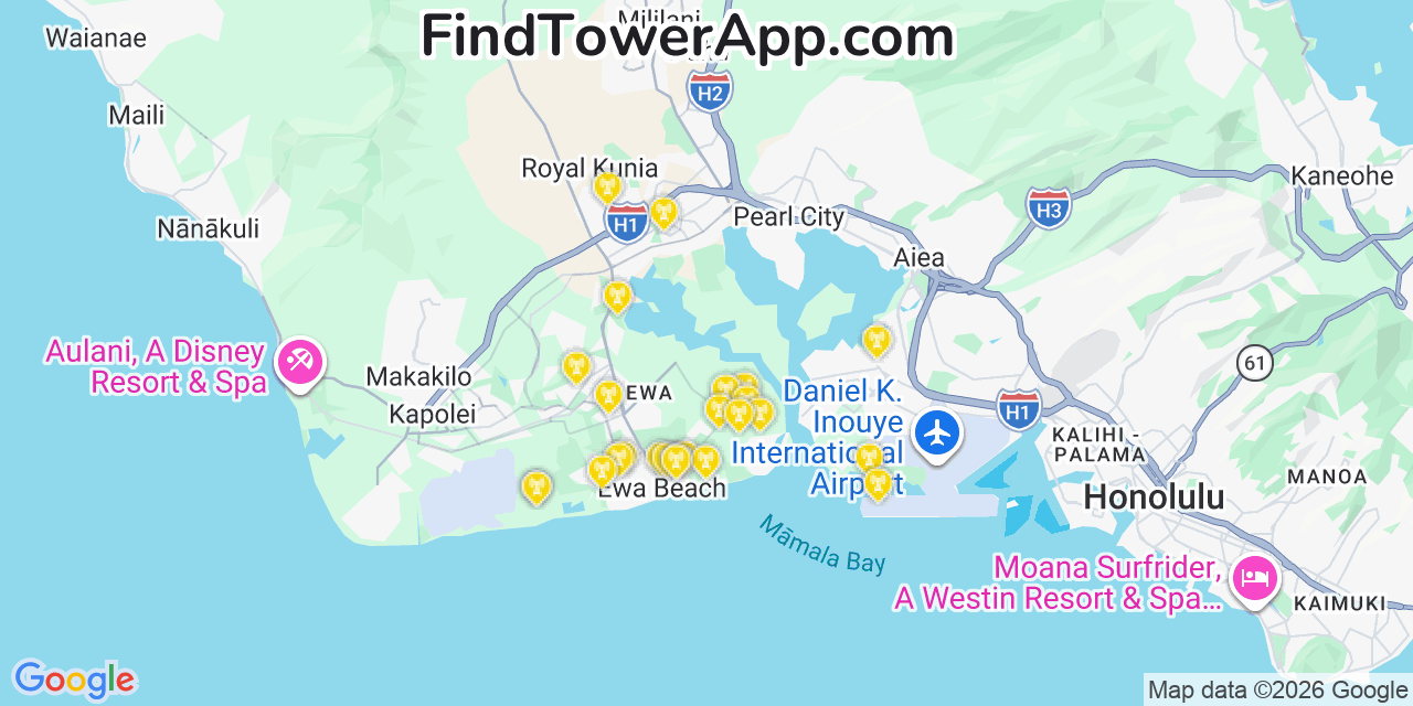 Map showing the 25 primary Verizon cell tower locations detected in Â€˜Ewa Beach, Hawaii with coverage radius and signal strength indicators