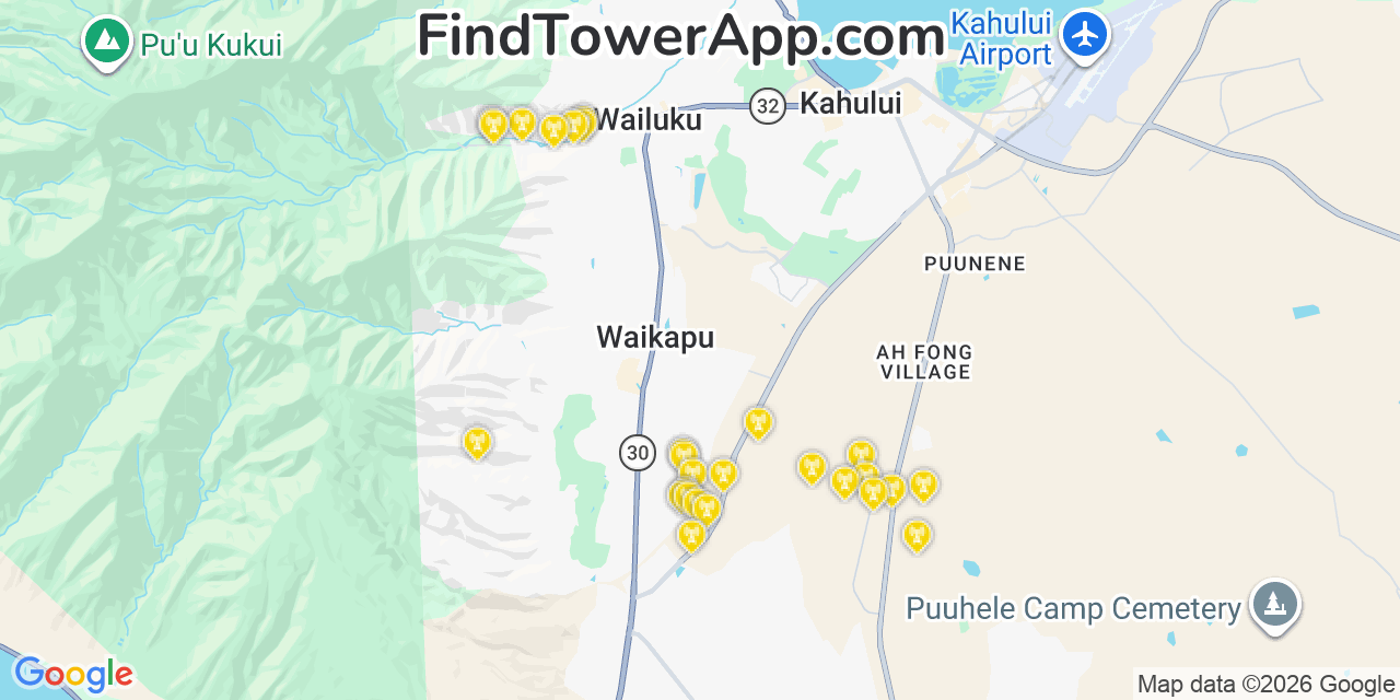 Map showing the 27 primary T-Mobile cell tower locations detected in Â€˜Ewa Gentry, Hawaii with coverage radius and signal strength indicators