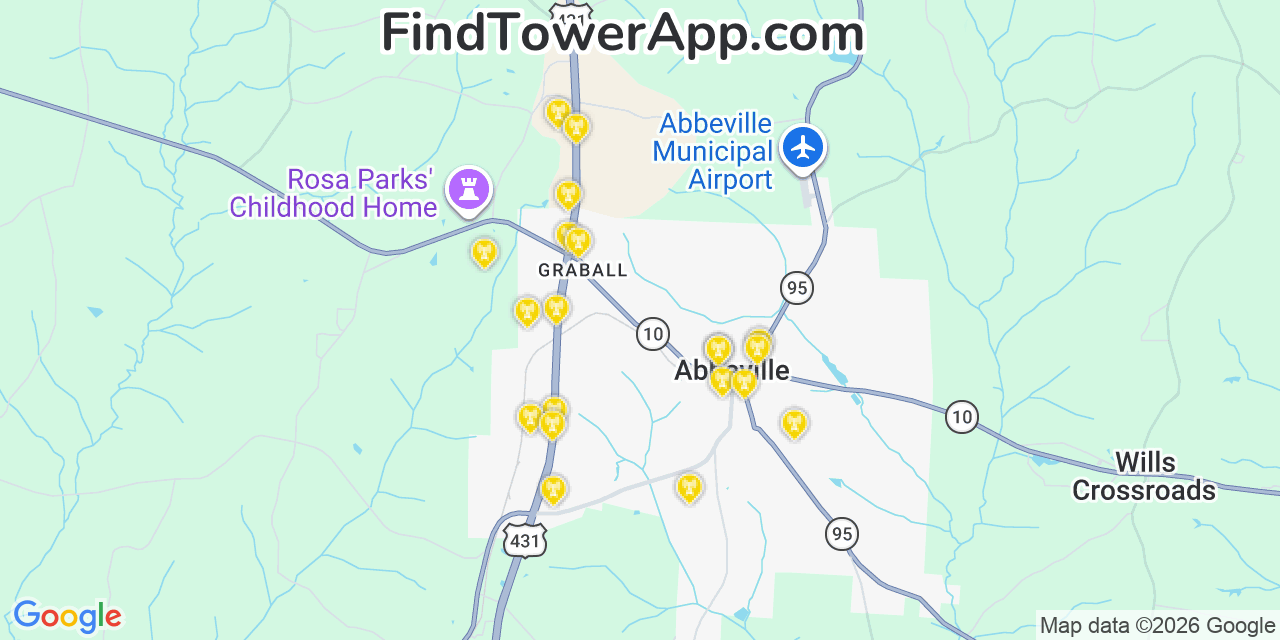 Map showing the 20 primary cell tower locations detected in Abbeville, Alabama from AT&T, Verizon, and T-Mobile networks