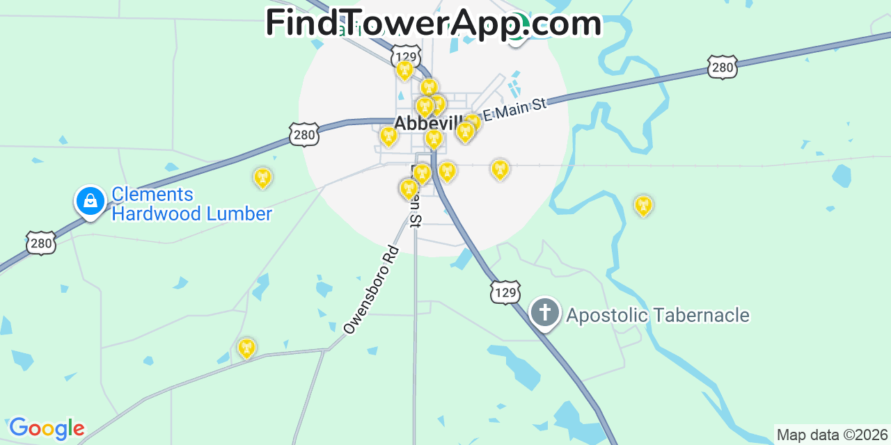 Map showing the 20 primary cell tower locations detected in Abbeville, Georgia from AT&T, Verizon, and T-Mobile networks