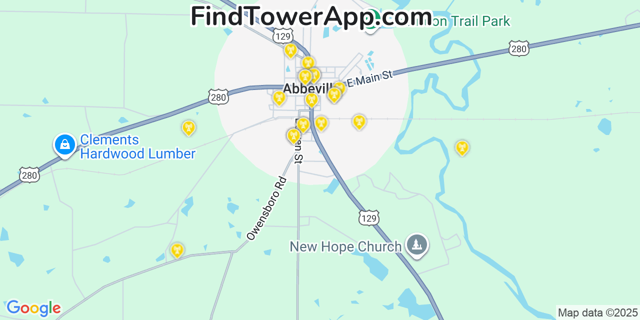 Map showing the 20 primary Mobitel cell tower locations detected in Abbeville, Georgia with coverage radius and signal strength indicators