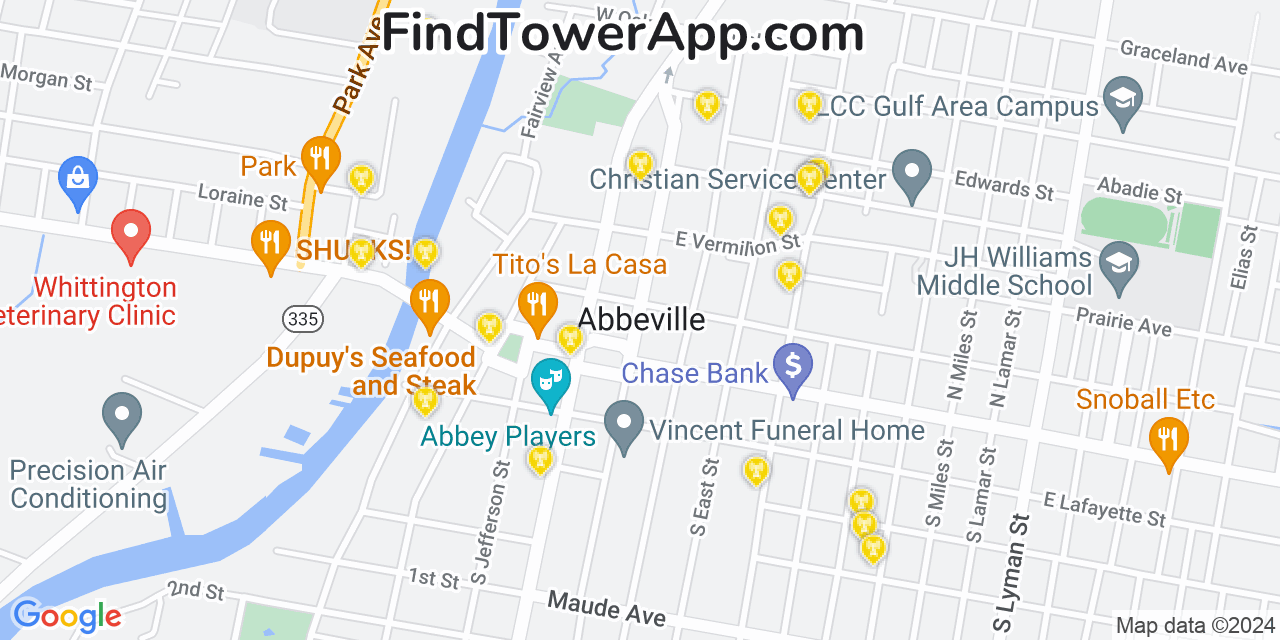 AT&T 4G/5G cell tower coverage map Abbeville, Louisiana