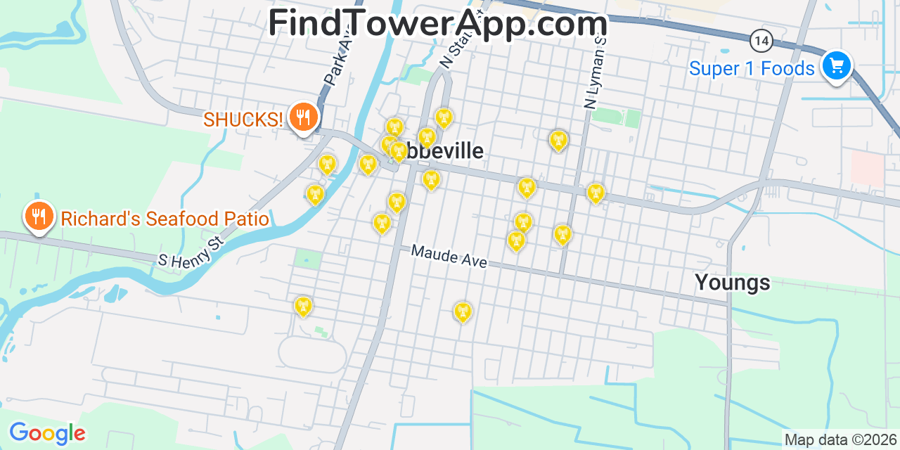 Map showing the 20 primary cell tower locations detected in Abbeville, Louisiana from AT&T, Verizon, and T-Mobile networks