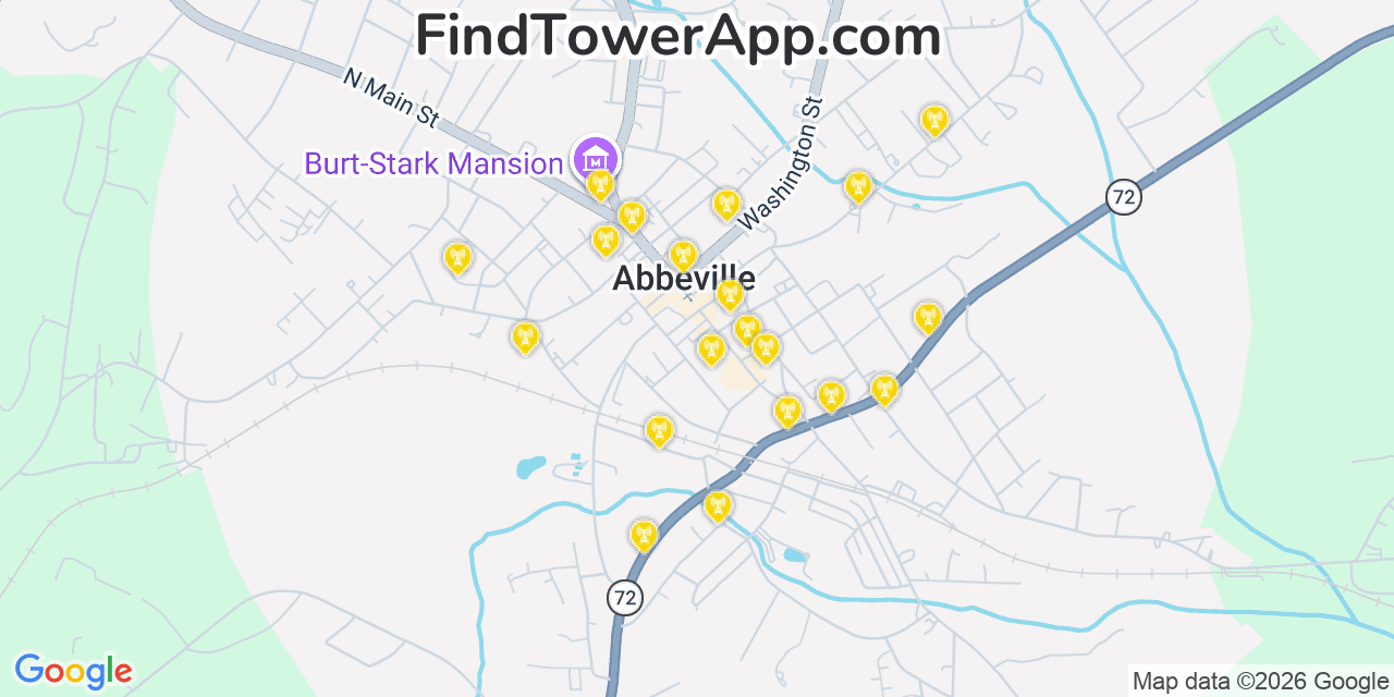 Map showing the 20 primary cell tower locations detected in Abbeville, South Carolina from AT&T, Verizon, and T-Mobile networks