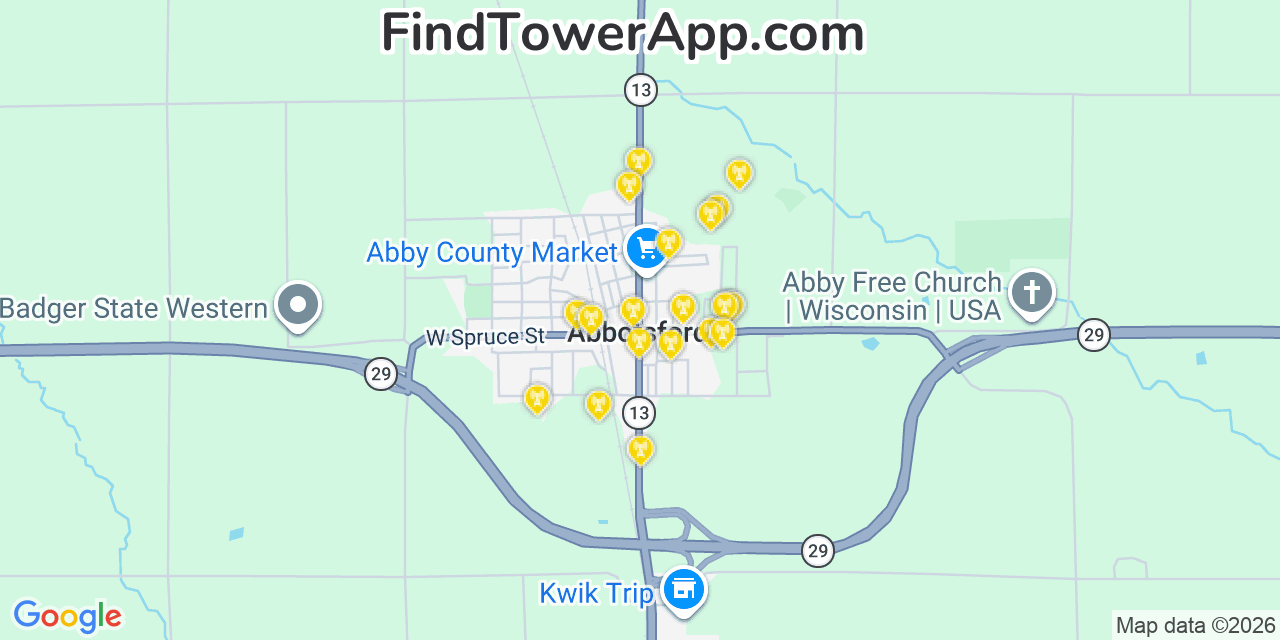 Map showing the 20 primary cell tower locations detected in Abbotsford, Wisconsin from AT&T, Verizon, and T-Mobile networks