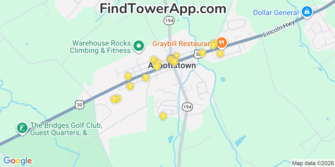 Map showing the 20 primary cell tower locations detected in Abbottstown, Pennsylvania from AT&T, Verizon, and T-Mobile networks
