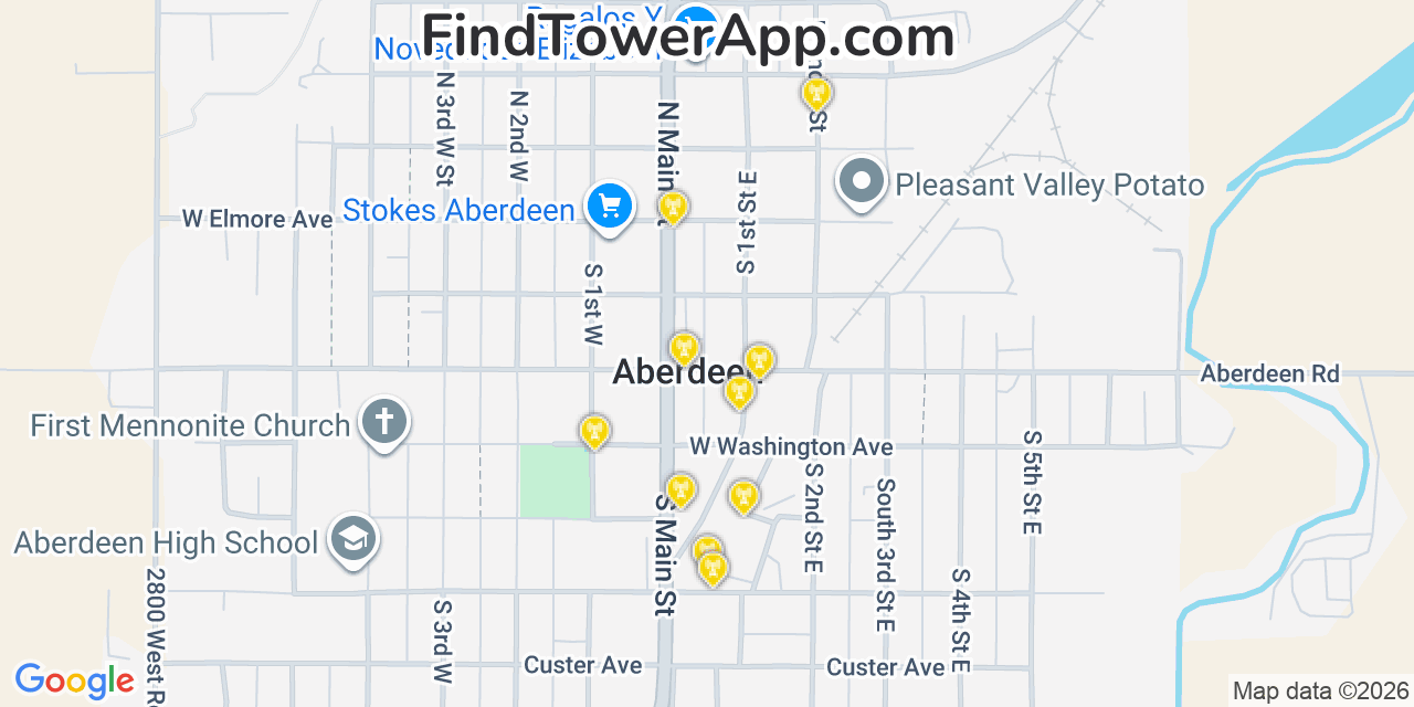 Map showing the 20 primary cell tower locations detected in Aberdeen, Idaho from AT&T, Verizon, and T-Mobile networks