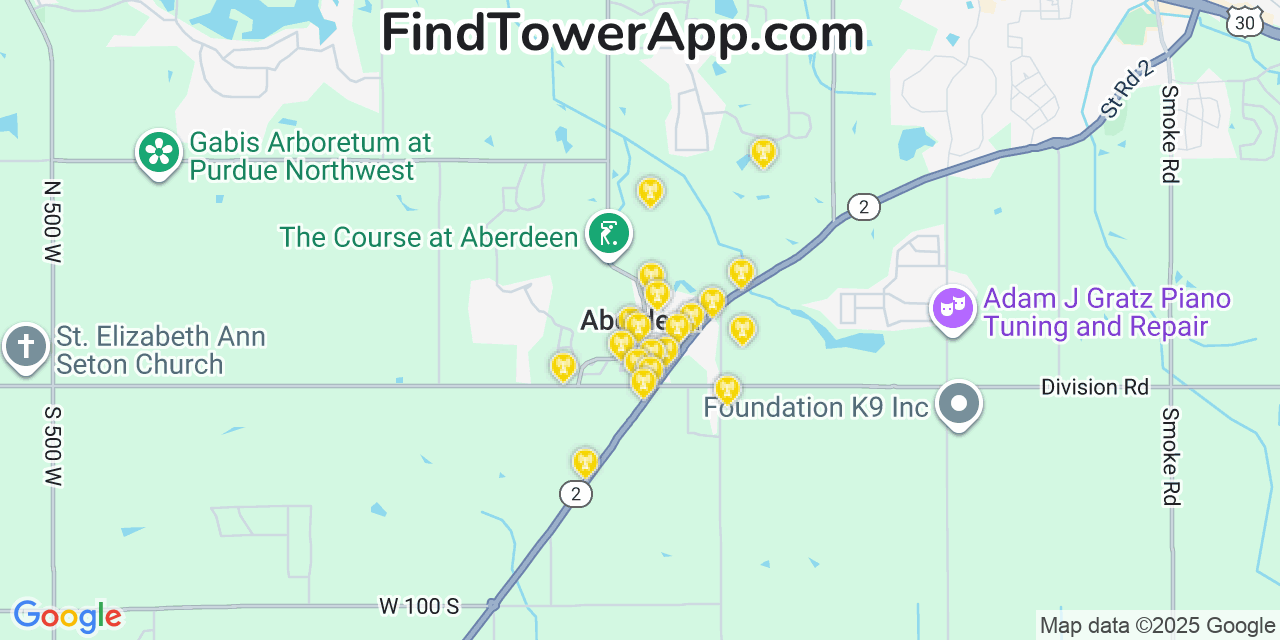 Map showing the 20 primary cell tower locations detected in Aberdeen, Indiana from AT&T, Verizon, and T-Mobile networks