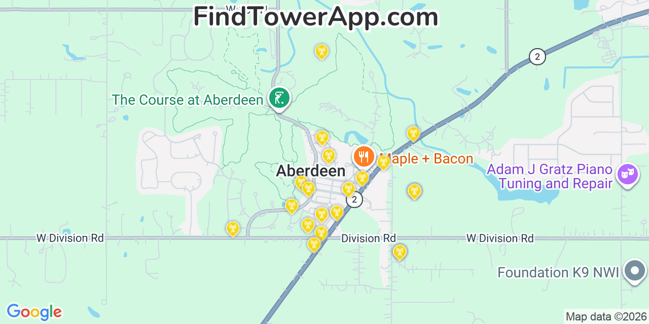 Map showing the 20 primary cell tower locations detected in Aberdeen, Indiana from AT&T, Verizon, and T-Mobile networks