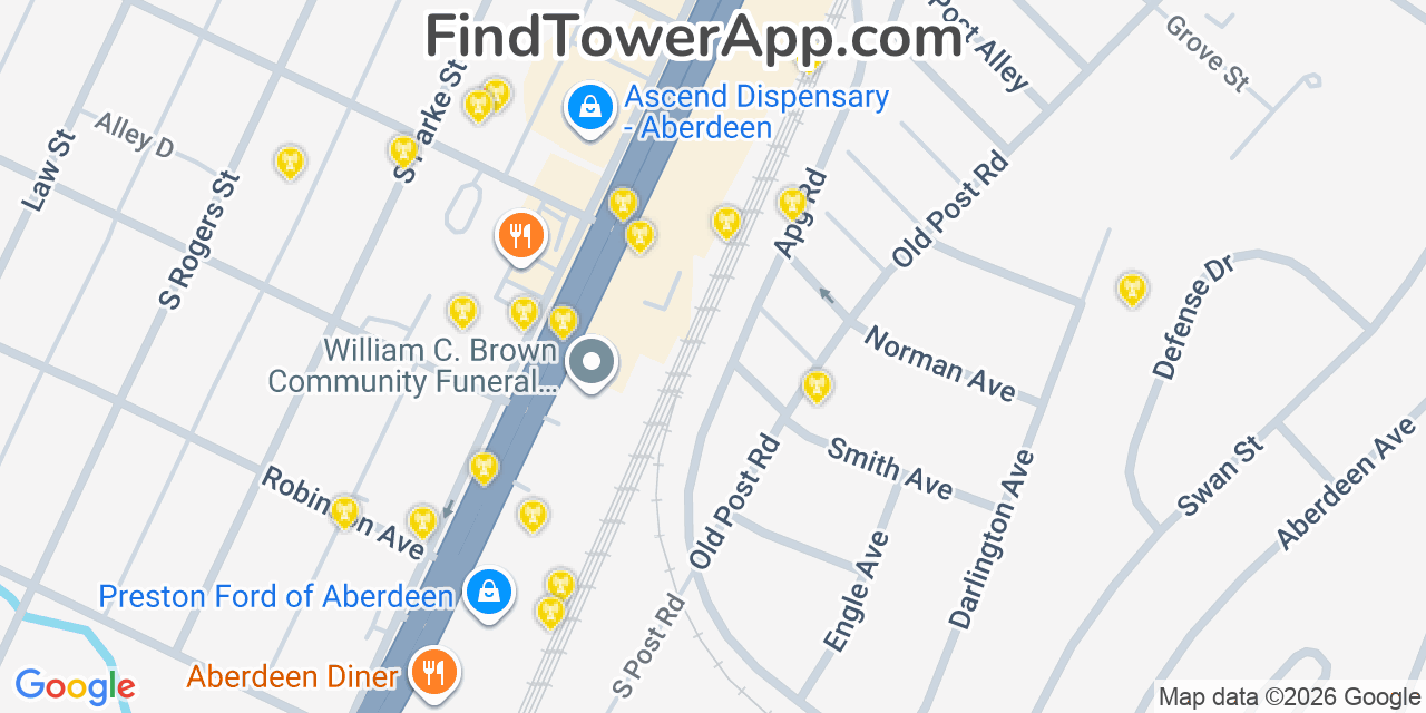 Map showing the 20 primary cell tower locations detected in Aberdeen, Maryland from AT&T, Verizon, and T-Mobile networks