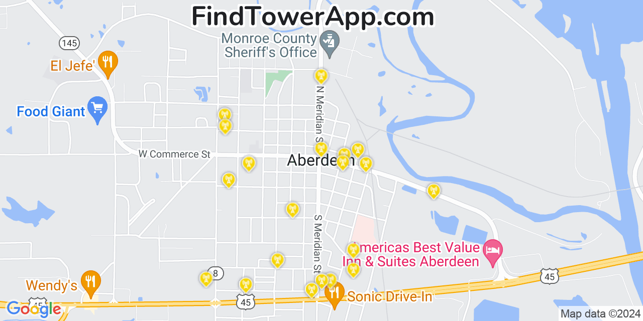 AT&T 4G/5G cell tower coverage map Aberdeen, Mississippi