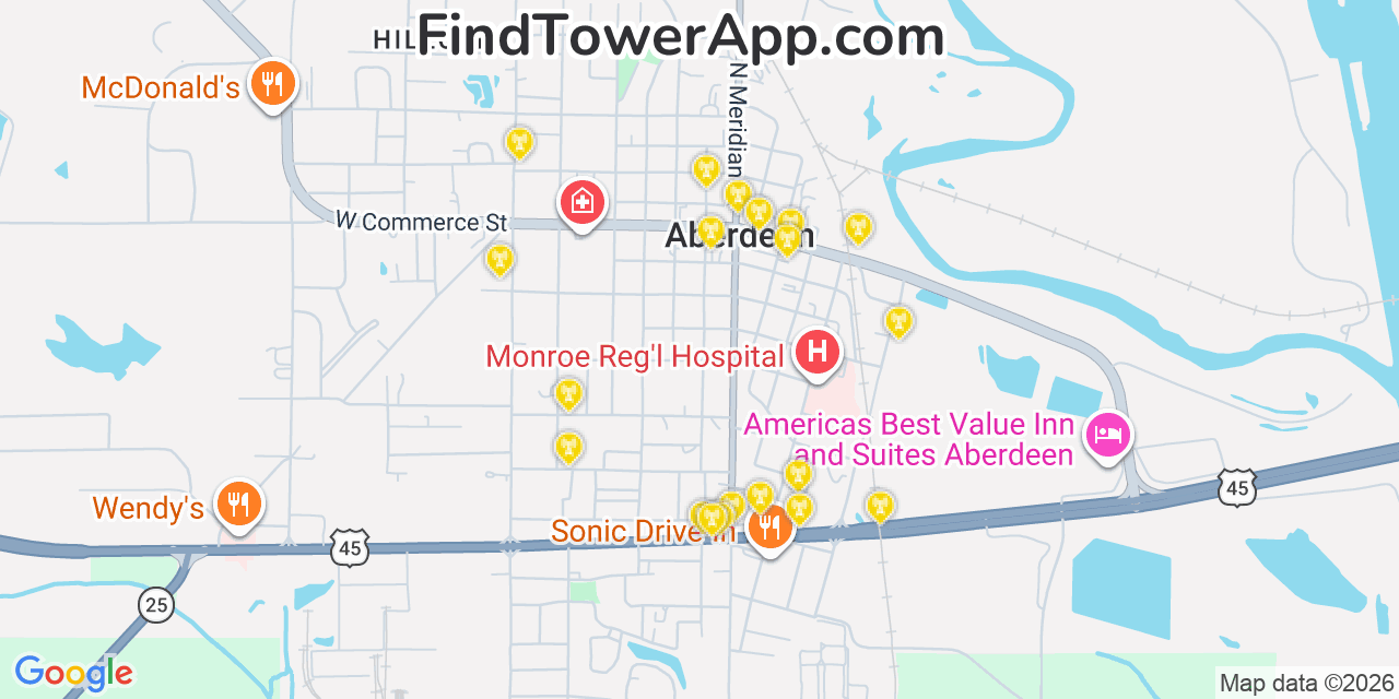 Map showing the 20 primary cell tower locations detected in Aberdeen, Mississippi from AT&T, Verizon, and T-Mobile networks